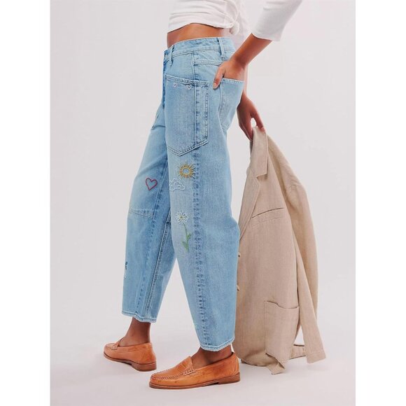 Women's Embroidered Denim Barrel Jeans Wide Leg Low Rise Stretchy Pants - Picture 3 of 4